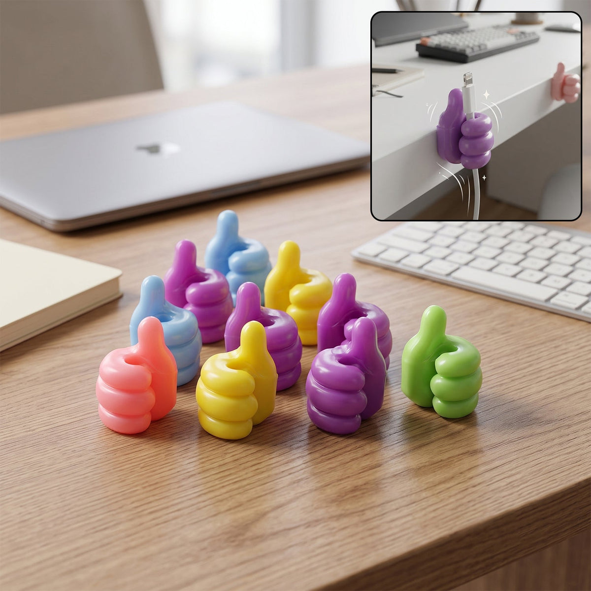 Ten colourful thumbs-up shaped adhesive clips on a wooden desk with a laptop and keyboard. One purple clip holds a white