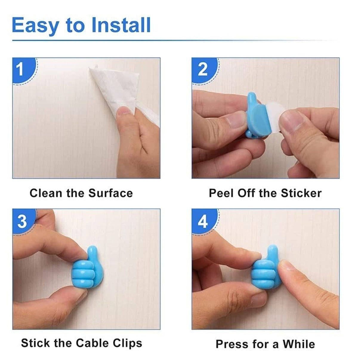 Four step-by-step instructions show how to clean a surface, peel the sticker, stick the clip, and press it for installation.