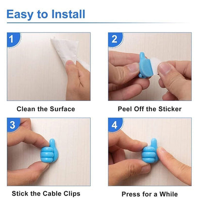 Four step-by-step instructions show how to clean a surface, peel the sticker, stick the clip, and press it for installation.