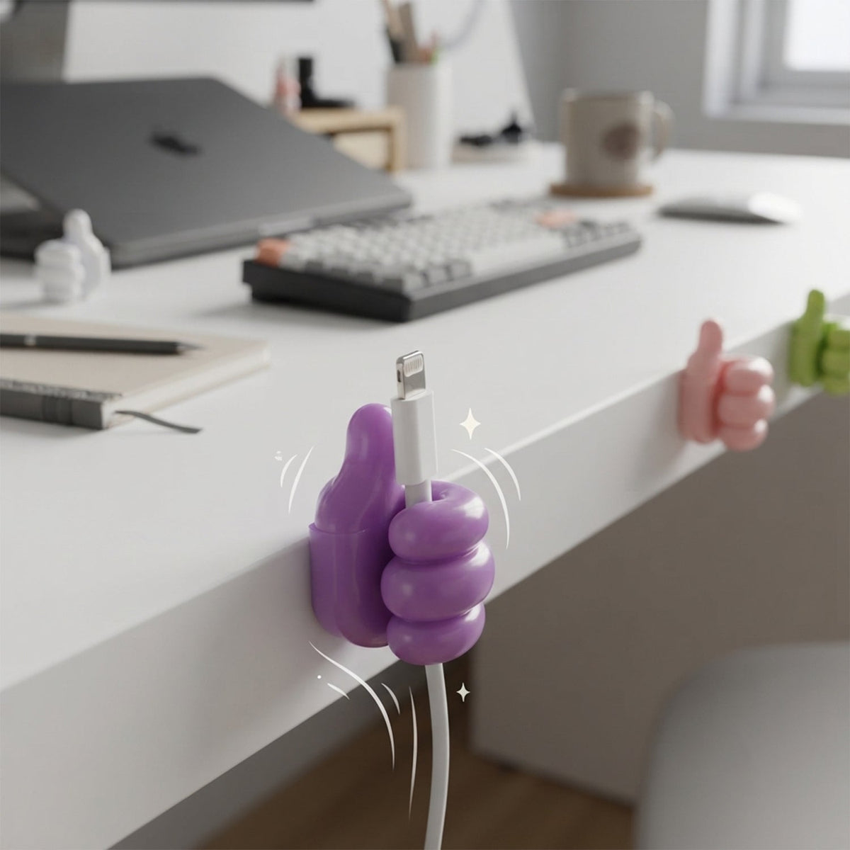 A purple thumbs-up clip holds a white charging cable to the side of a white desk, with a laptop and keyboard in the