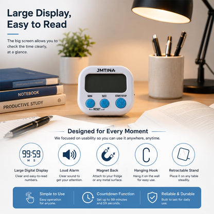 A white digital kitchen timer with blue buttons displays 02:45 on a kitchen counter, with a person seasoning food in the