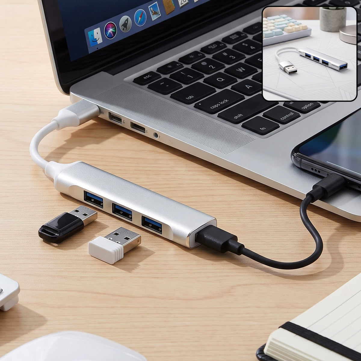 Silver 4-port USB hub connected to a laptop, with two USB drives plugged in.