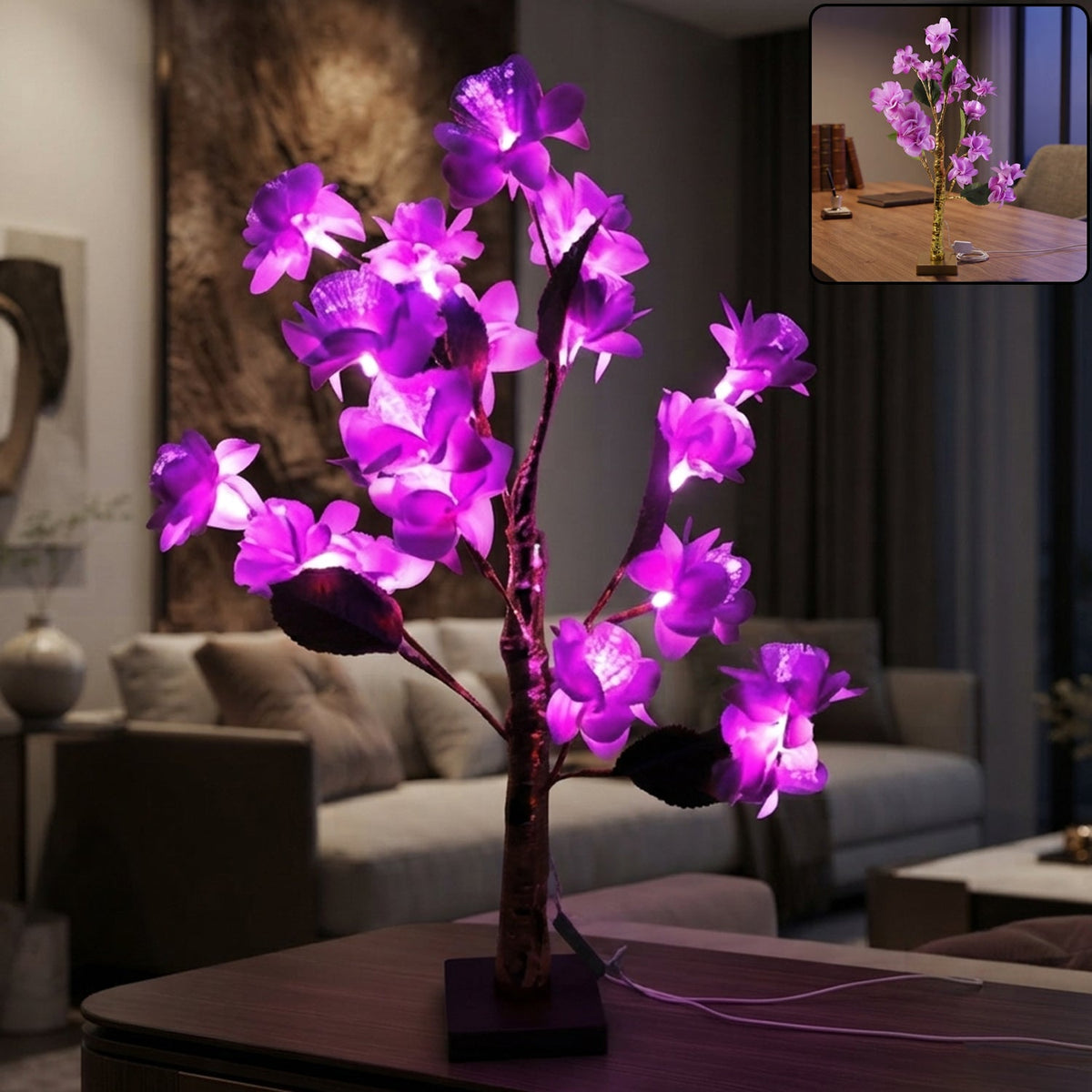 Artificial flower LED decorative lamp glowing on a table