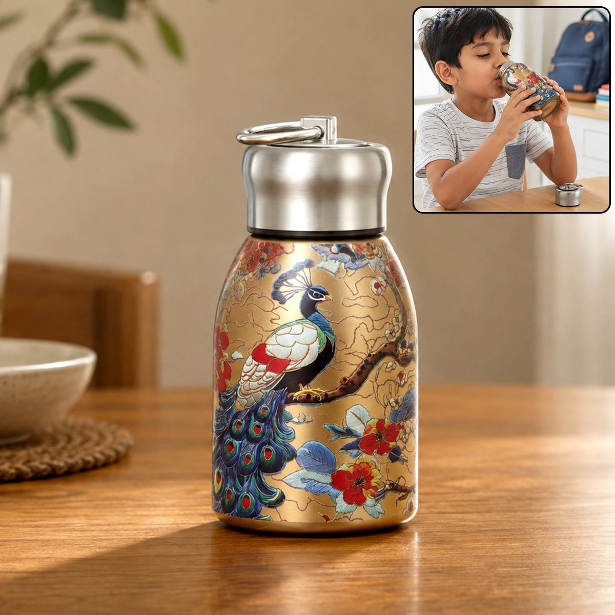 Golden stainless steel vacuum bottle with a peacock and floral print on a wooden table, with a small inset of a boy drinking