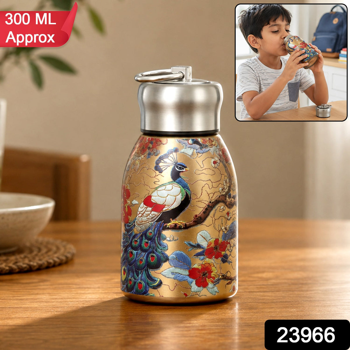 Golden stainless steel vacuum bottle with a peacock and floral print, showing 300 ML Approx and product number 23966.