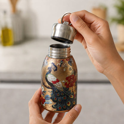 Peacock Print Stainless Steel Water Bottle & Dual Spice Dispenser Combo