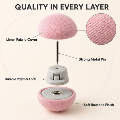 Duvet button components with fabric cover, pin and locking base