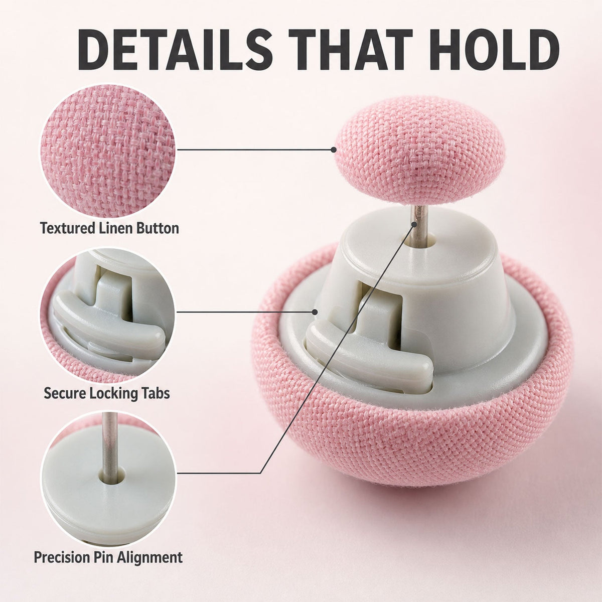 Close-up details of duvet button locking tabs and alignment pin