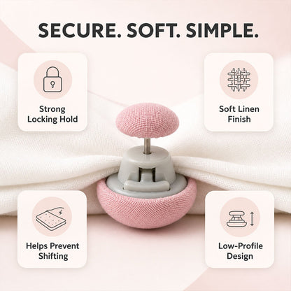 Soft duvet button with secure locking hold and low profile design