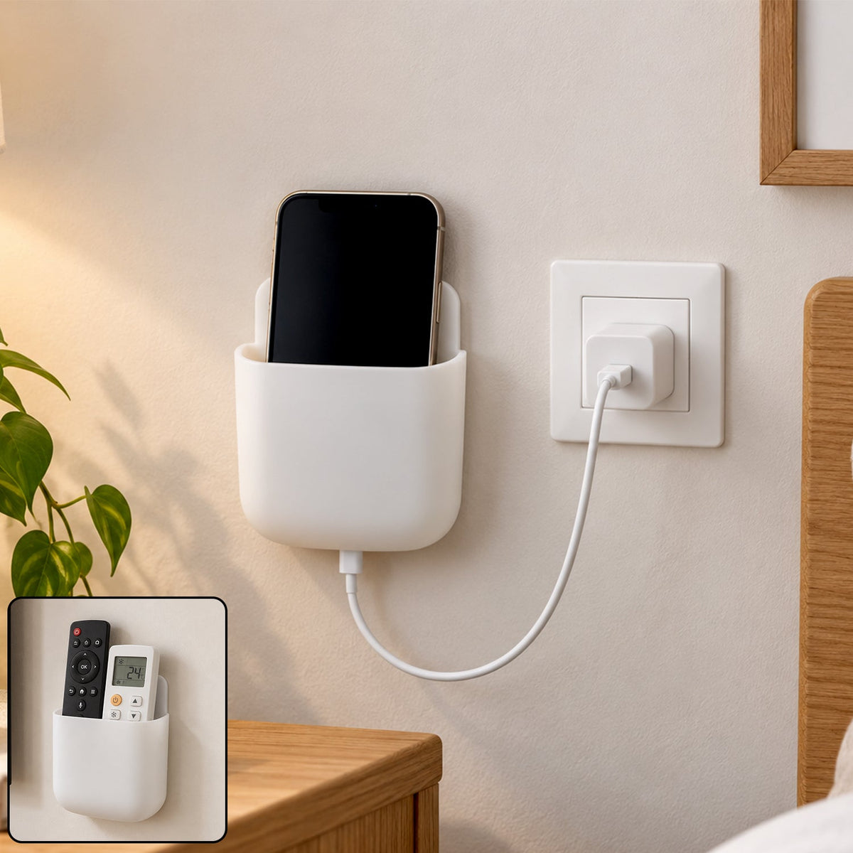 White adhesive organizer holding a black smartphone, charging from a wall outlet beside a wooden nightstand.
