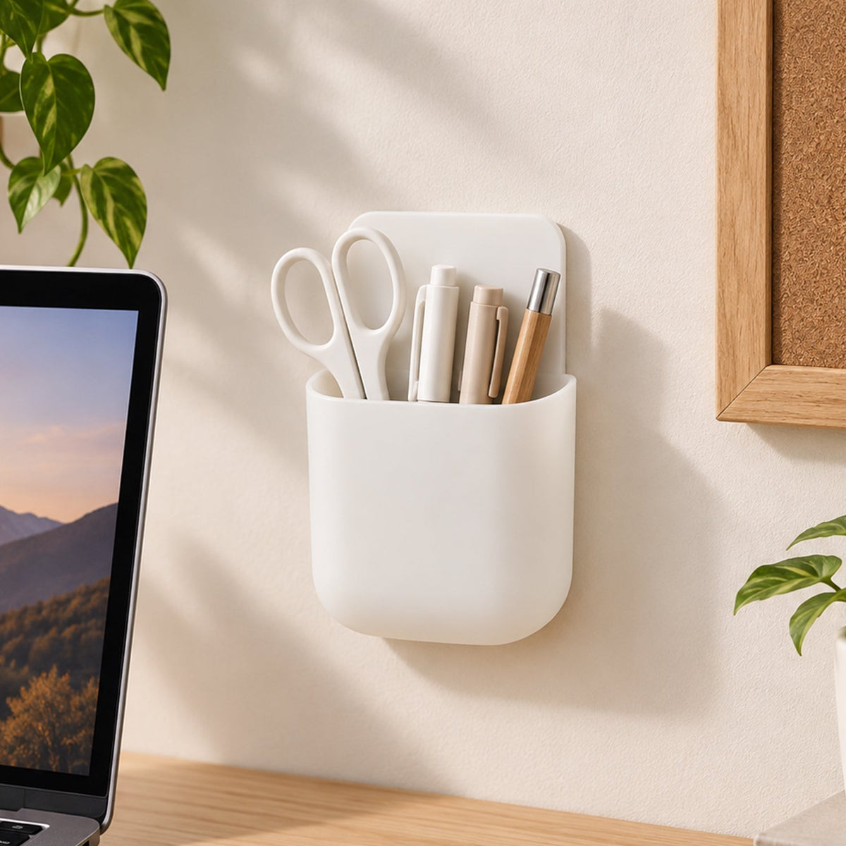 White adhesive organizer mounted on a wall, holding white scissors, pens, and pencils near a laptop.