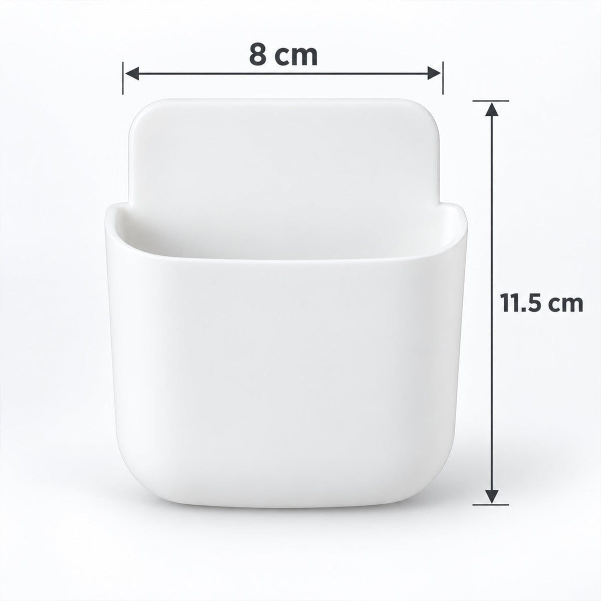 A white adhesive organizer with dimensions indicating it is 8 cm wide and 11.5 cm tall.