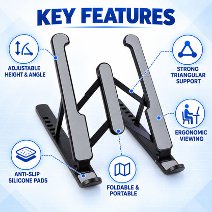 A black and gray adjustable stand with icons illustrating key features like adjustability, strong support, and portability.