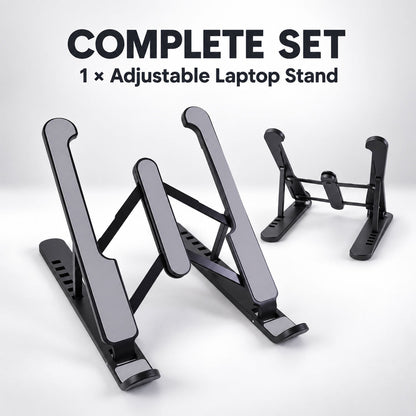 Two black and gray adjustable stands are shown, one unfolded and one folded, on a light gray surface.