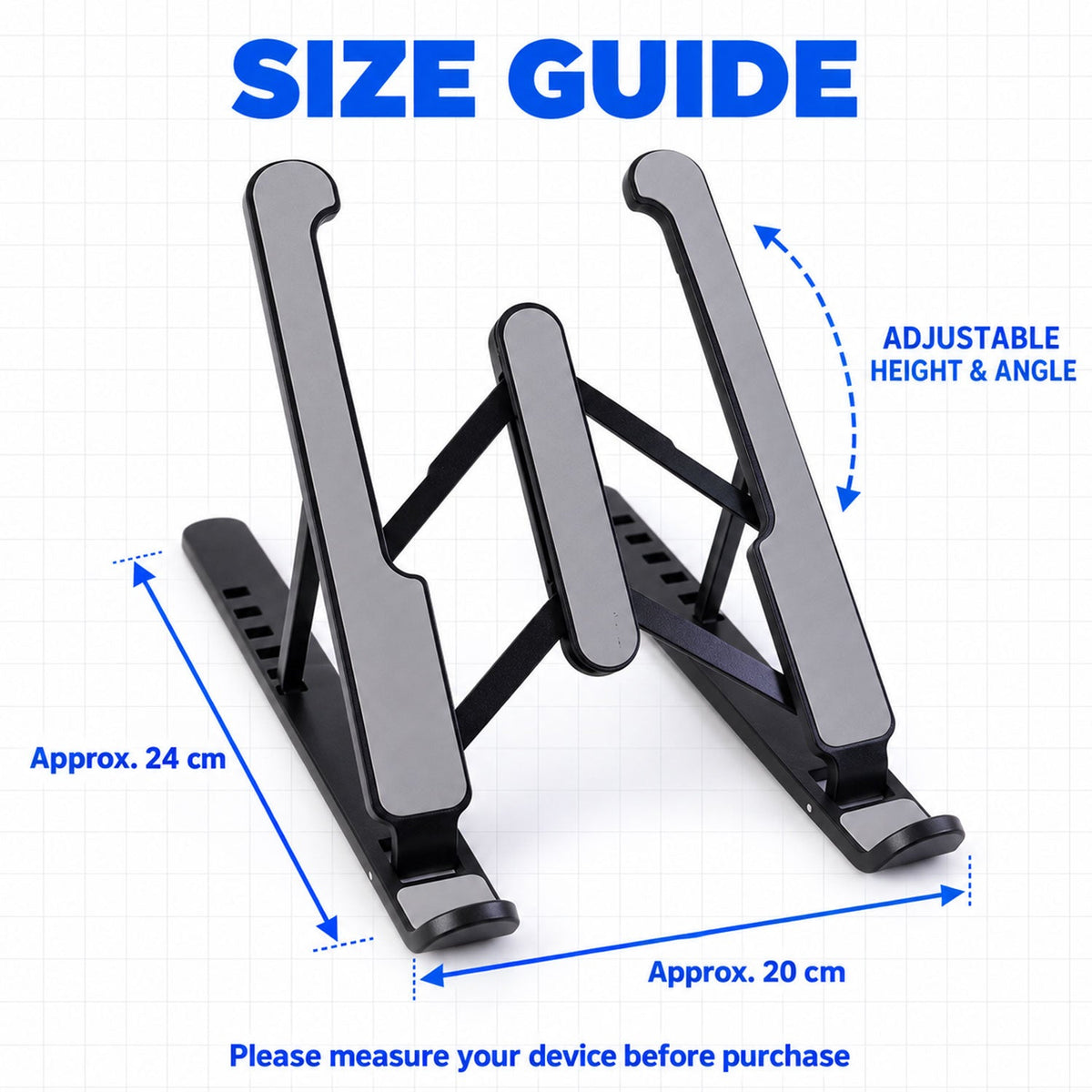 A black and gray adjustable laptop stand with dimensions and arrows indicating adjustable height and angle.