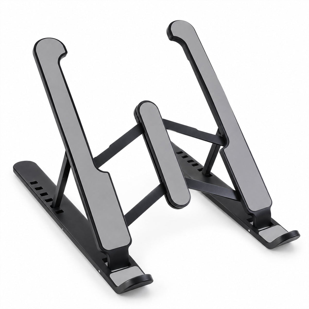 A black and gray adjustable laptop stand is shown unfolded, ready for use, against a white background.
