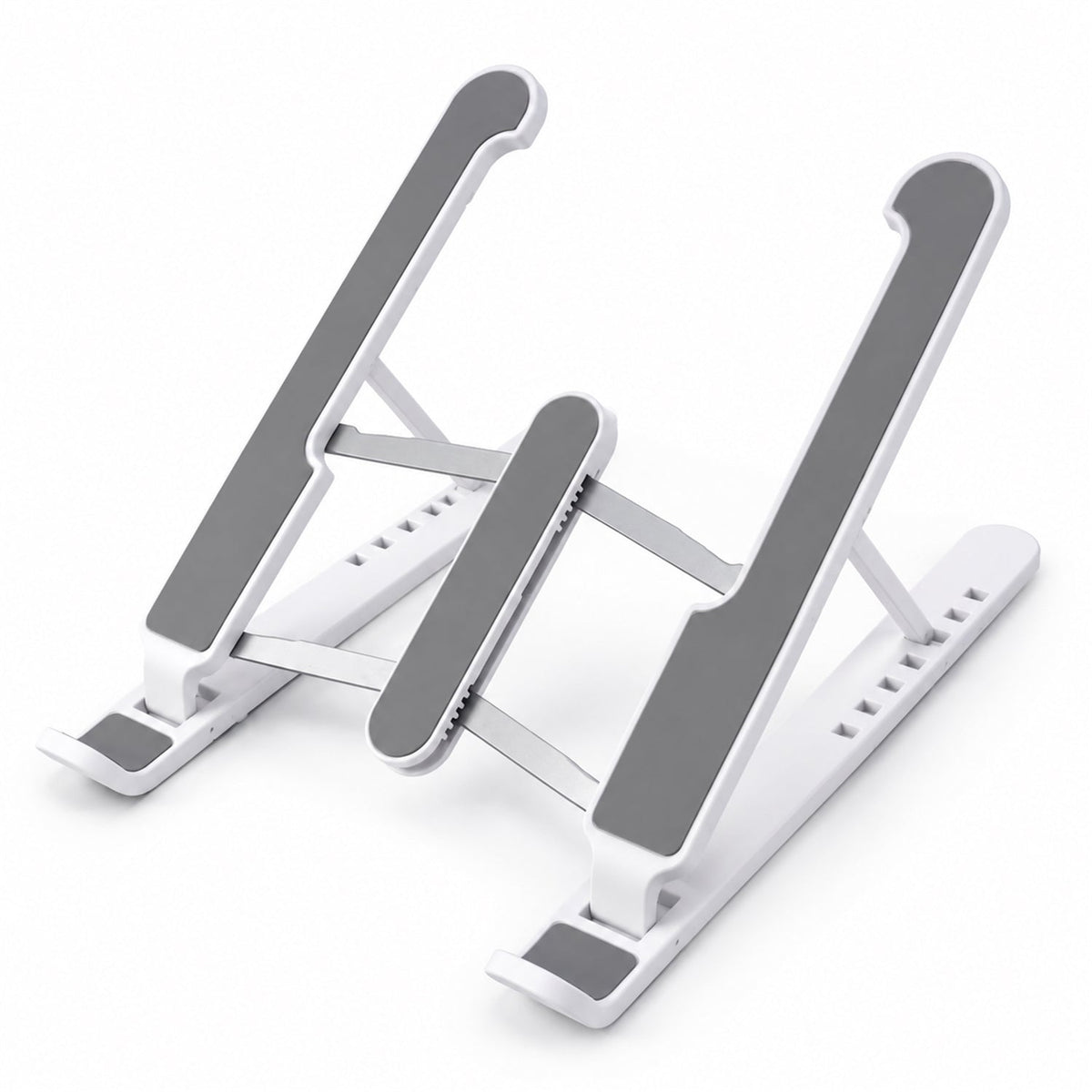 White and gray foldable laptop stand with non-slip pads on a clean white background.