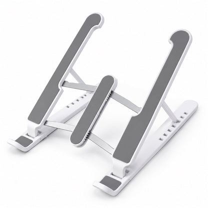 White and gray foldable laptop stand with non-slip pads on a clean white background.