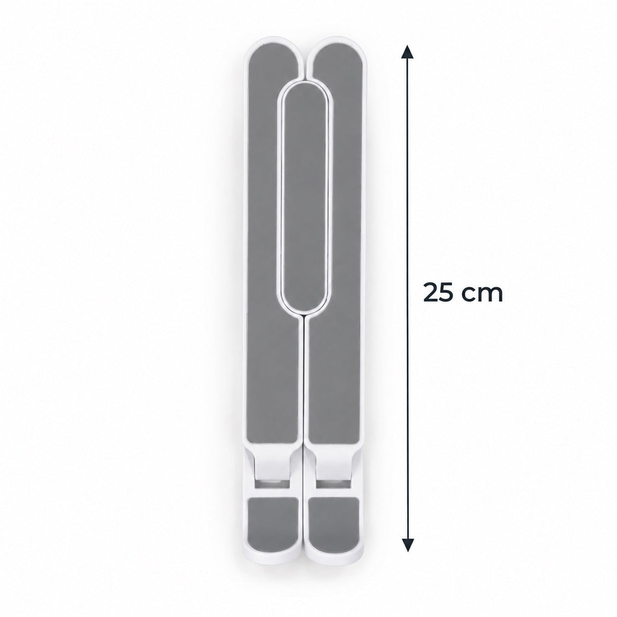 Folded white and gray laptop stand with a 25 cm measurement indicator next to it.