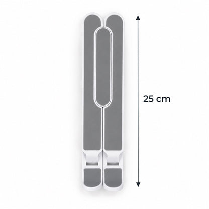 Folded white and gray laptop stand with a 25 cm measurement indicator next to it.