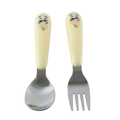 A yellow and silver panda-themed spoon and fork set is displayed upright against a plain white background.