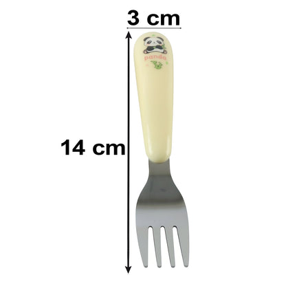 A yellow and silver panda-themed fork is shown with measurements of 14 cm length and 3 cm width.