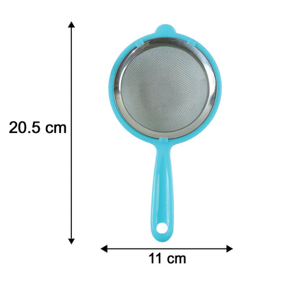 A single blue plastic strainer with stainless steel mesh is shown with measurements for its length and width.