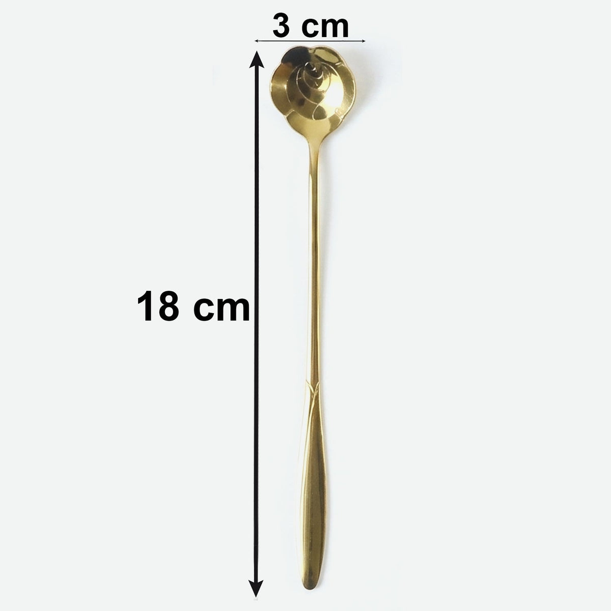A single gold rose-shaped spoon with measurements indicating it is 18 cm long and 3 cm wide.