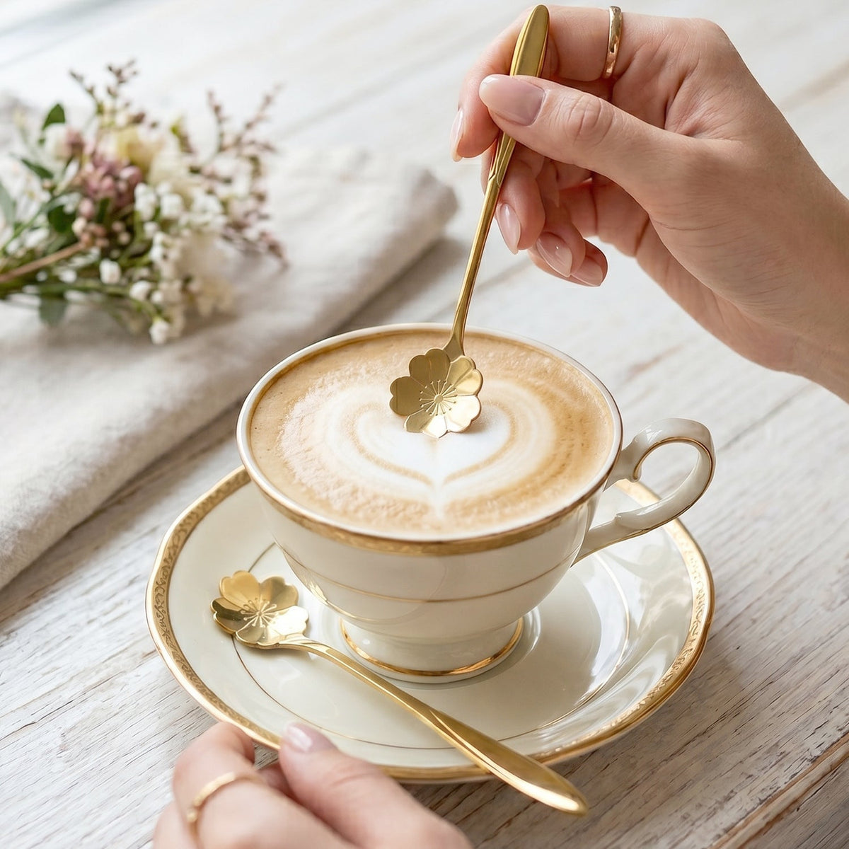 A hand stirs a latte with a gold flower-shaped spoon, another matching spoon rests on the saucer.