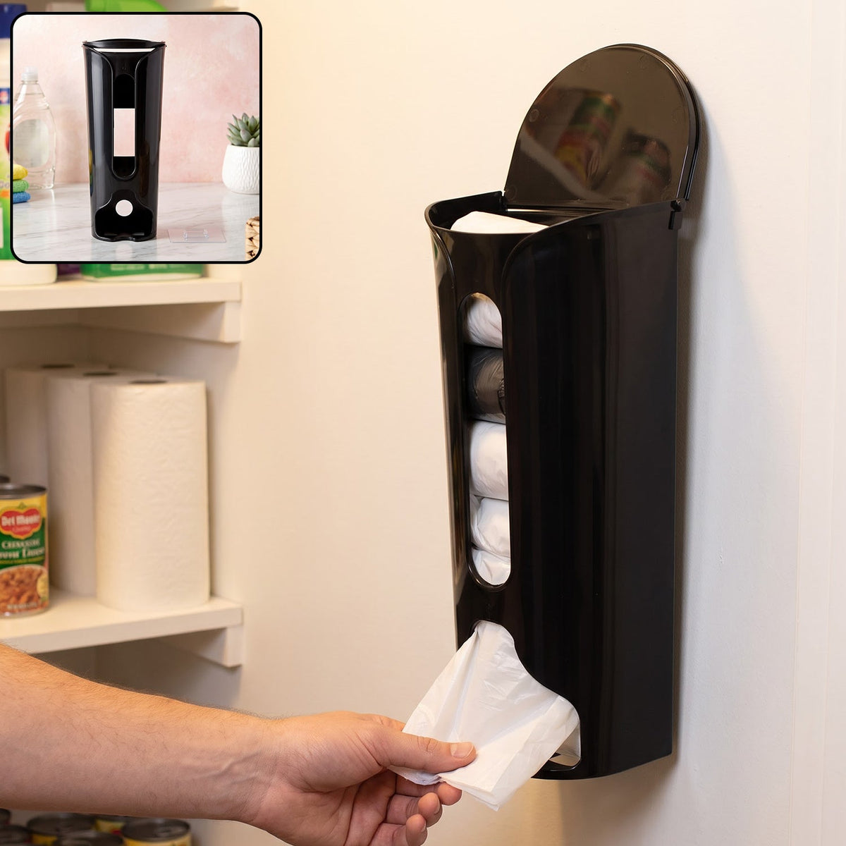 A hand pulls a white plastic bag from the bottom of a black wall-mounted dispenser, full of bags.