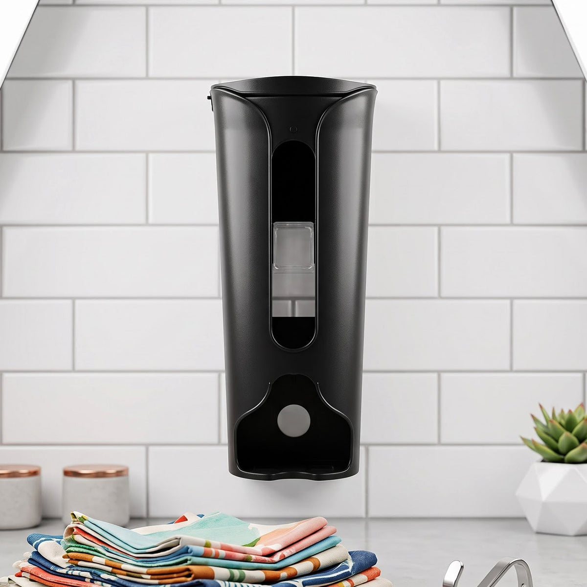 A black plastic bag dispenser is mounted on a white tiled wall above a stack of colorful towels.