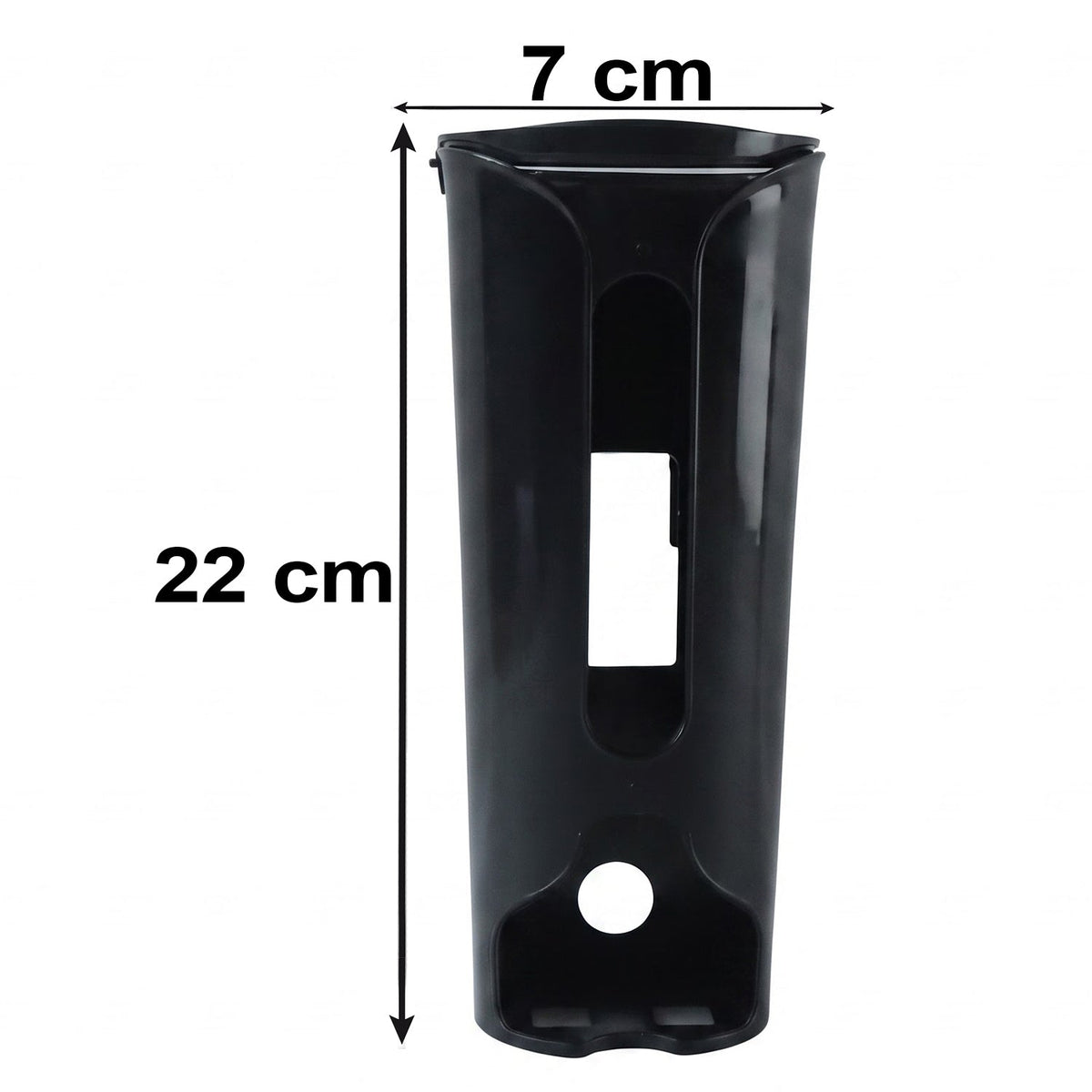 A black plastic bag dispenser with dimensions: 22 cm tall and 7 cm wide.