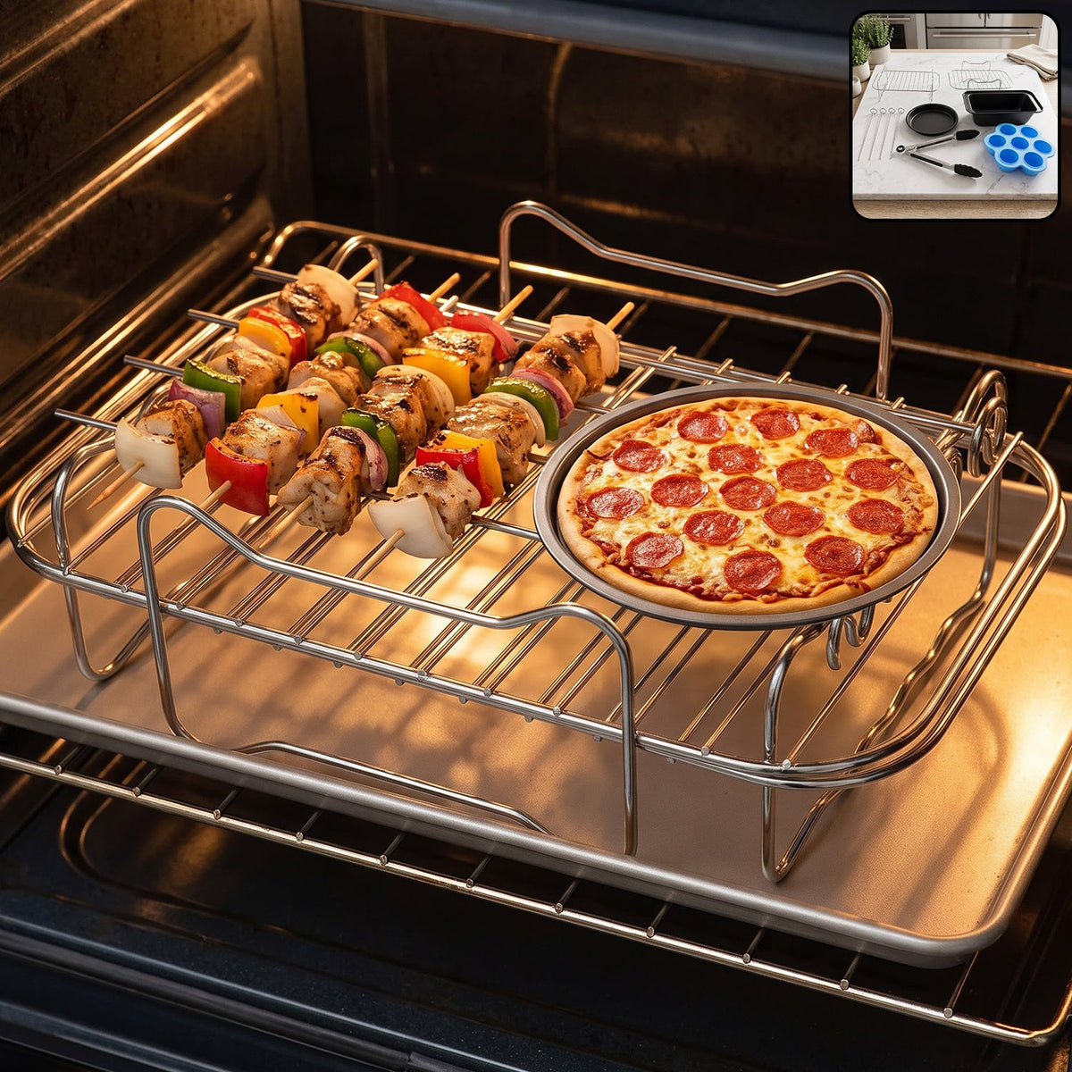 A metal air fryer rack holds chicken and vegetable skewers, plus a small pepperoni pizza, inside an oven. The top right