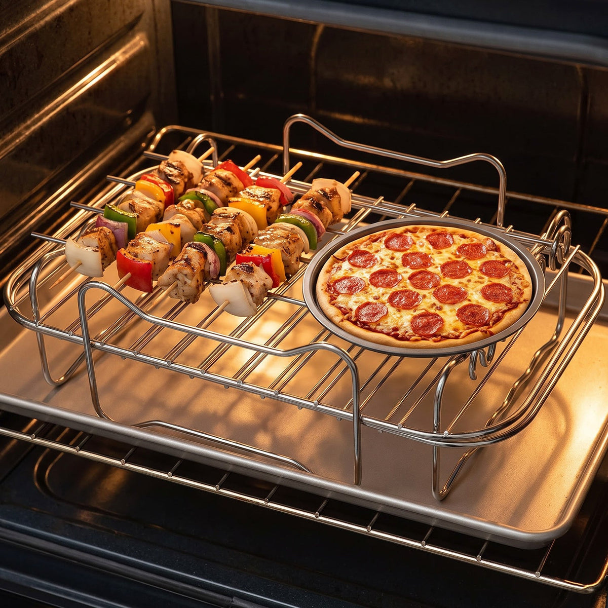 A metal air fryer rack with chicken and vegetable skewers and a pepperoni pizza, inside an oven.