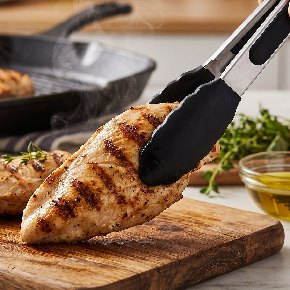 A close-up of a grilled chicken breast being held by black and silver tongs over a wooden cutting board, with a cast iron
