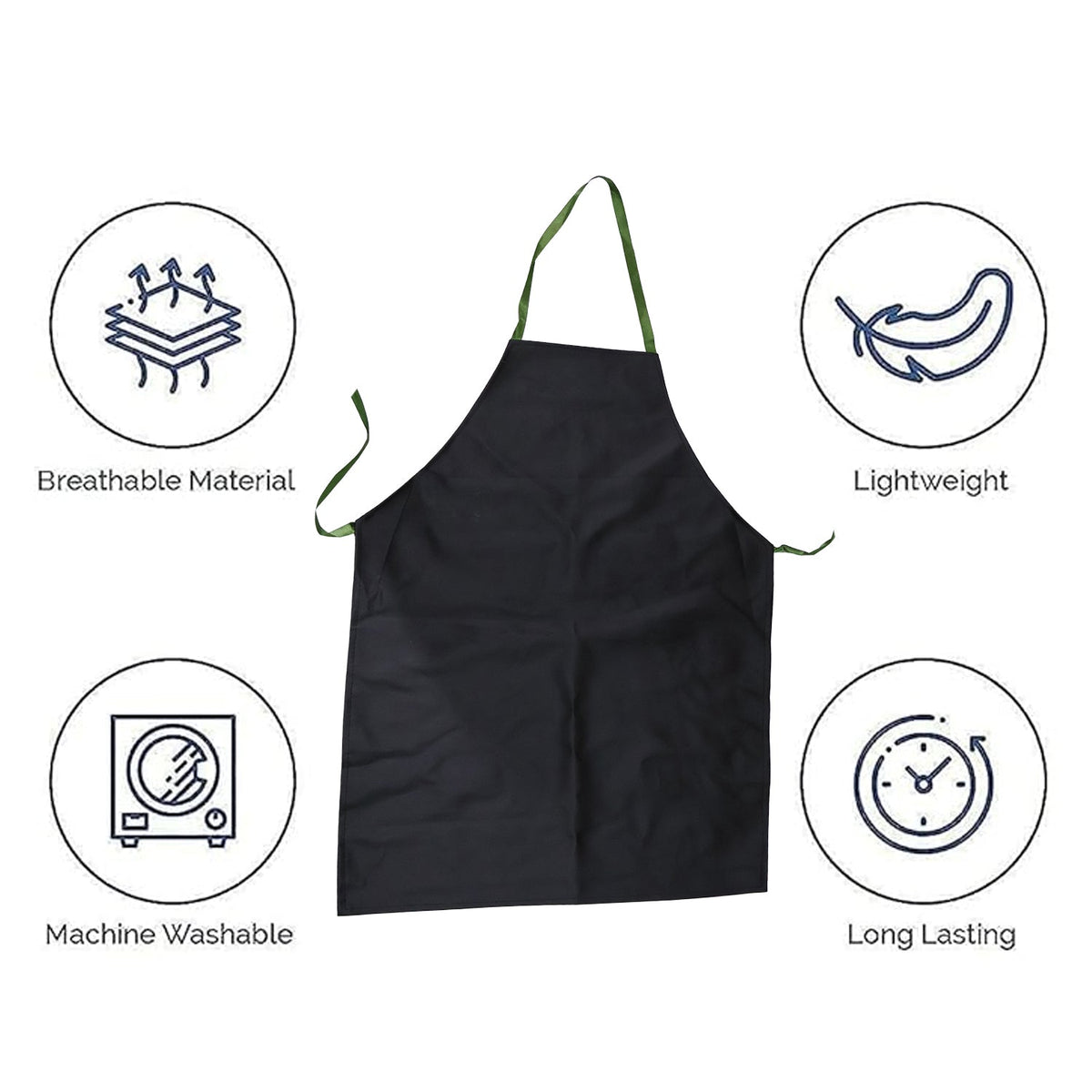 A black apron with green ties on a white background, surrounded by four circular icons highlighting features.