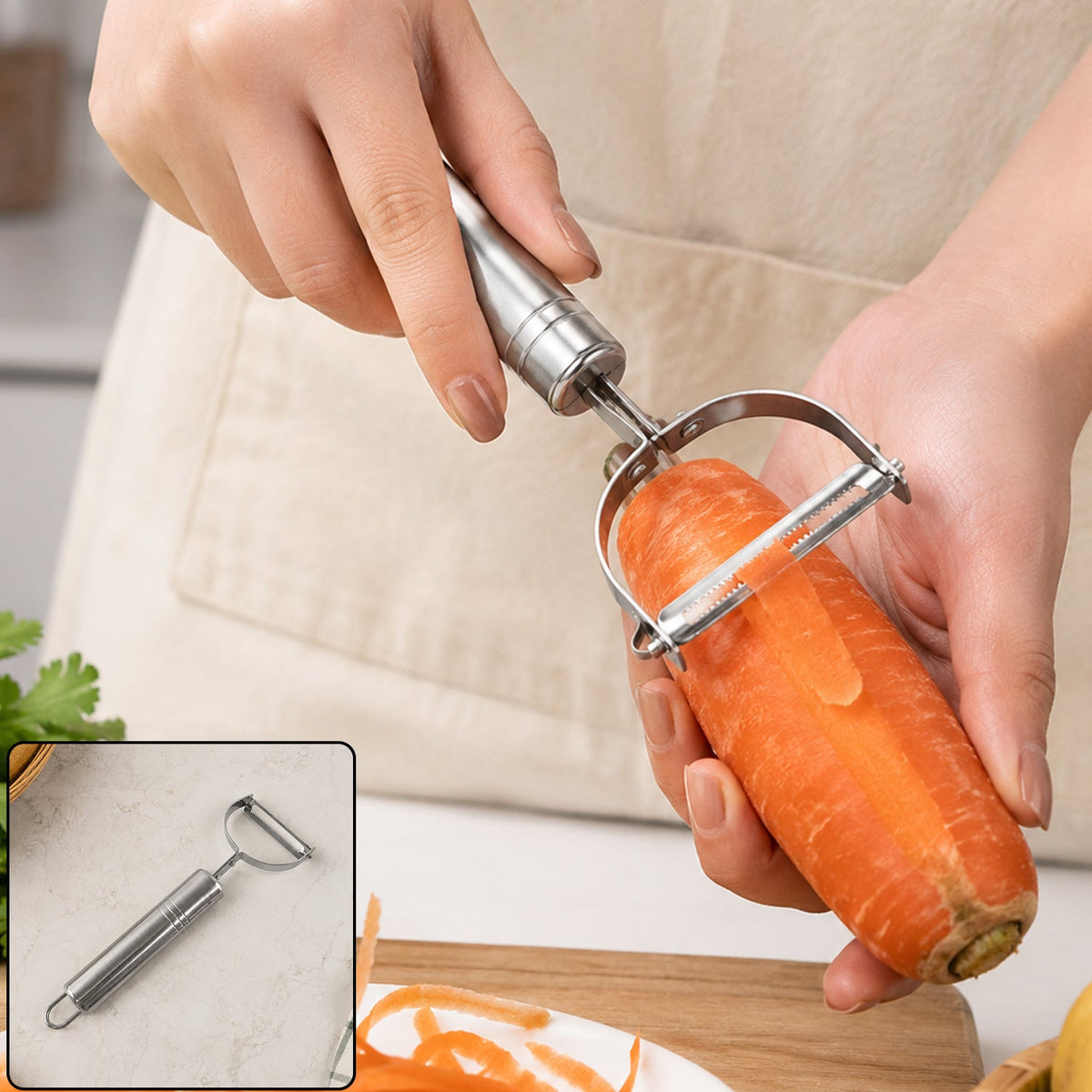 A person's hands using a silver stainless steel peeler to peel an orange carrot, with peeled shavings below.