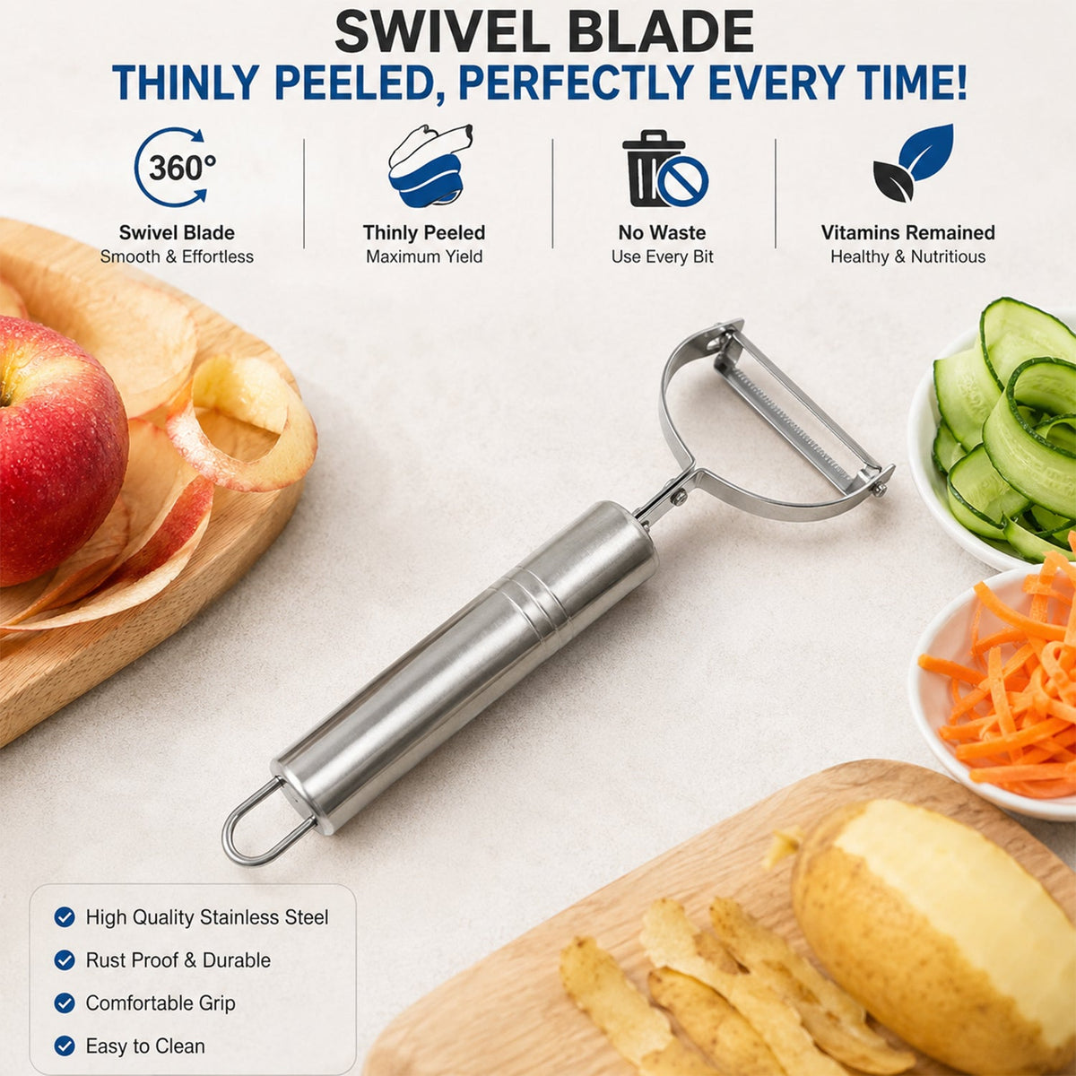 A stainless steel peeler on a wooden board with a peeled apple, sliced cucumber, and shredded carrots, with feature icons.