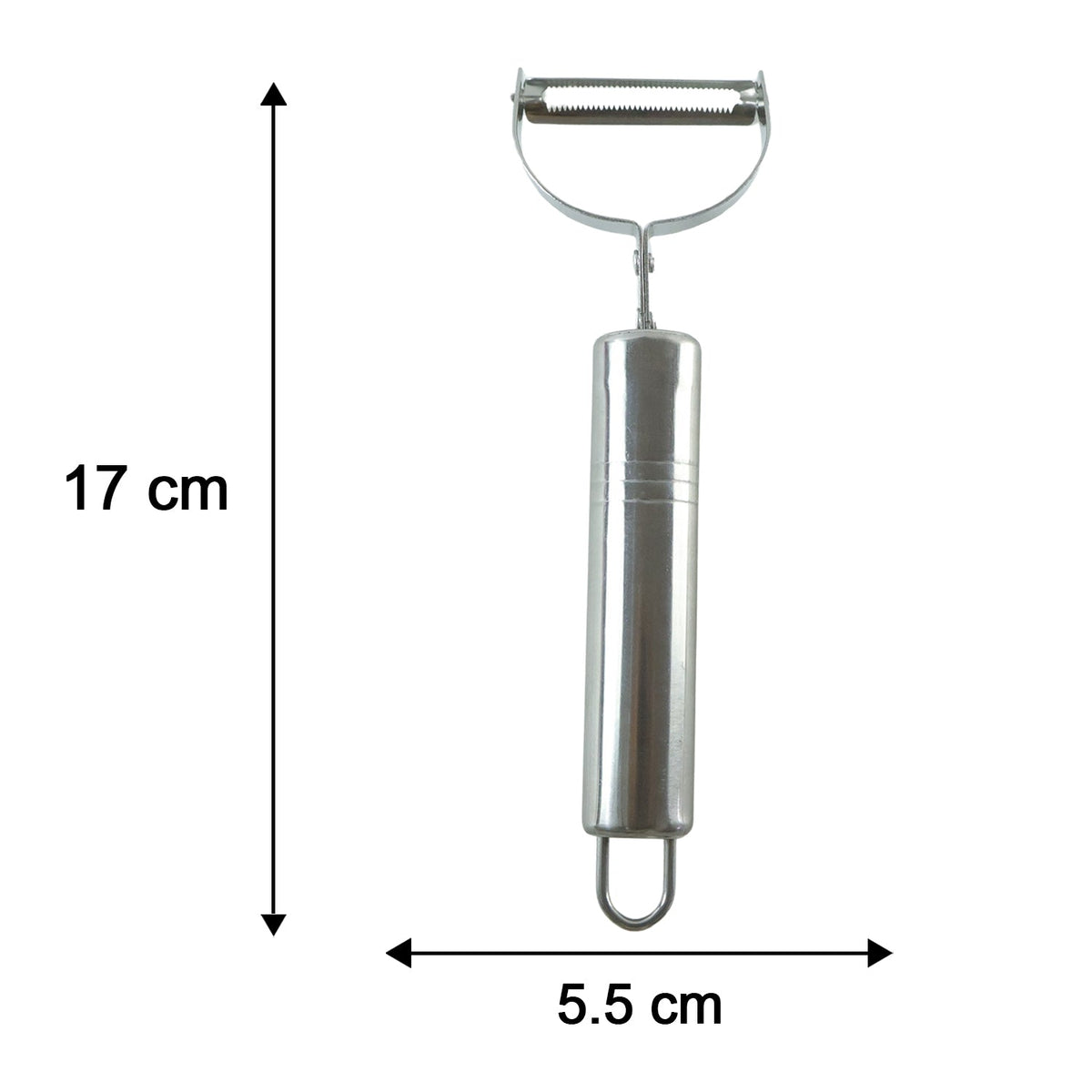 A silver stainless steel peeler on a white background with dimensions of 17 cm length and 5.5 cm width.