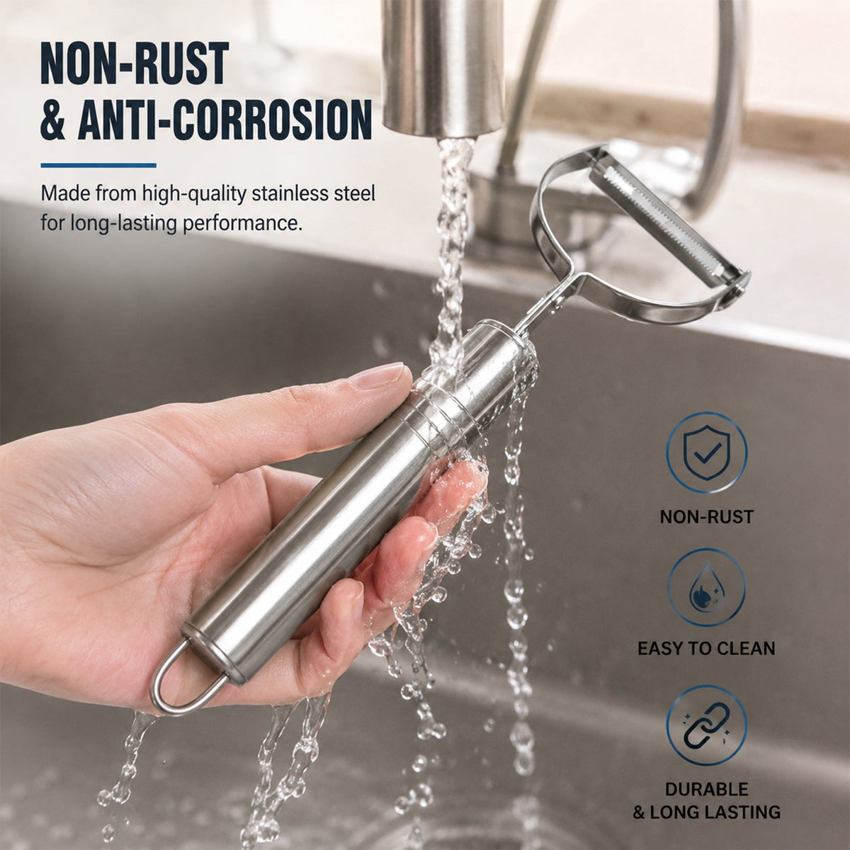 A hand holding a stainless steel peeler under running water from a faucet, with text about non-rust and easy cleaning.