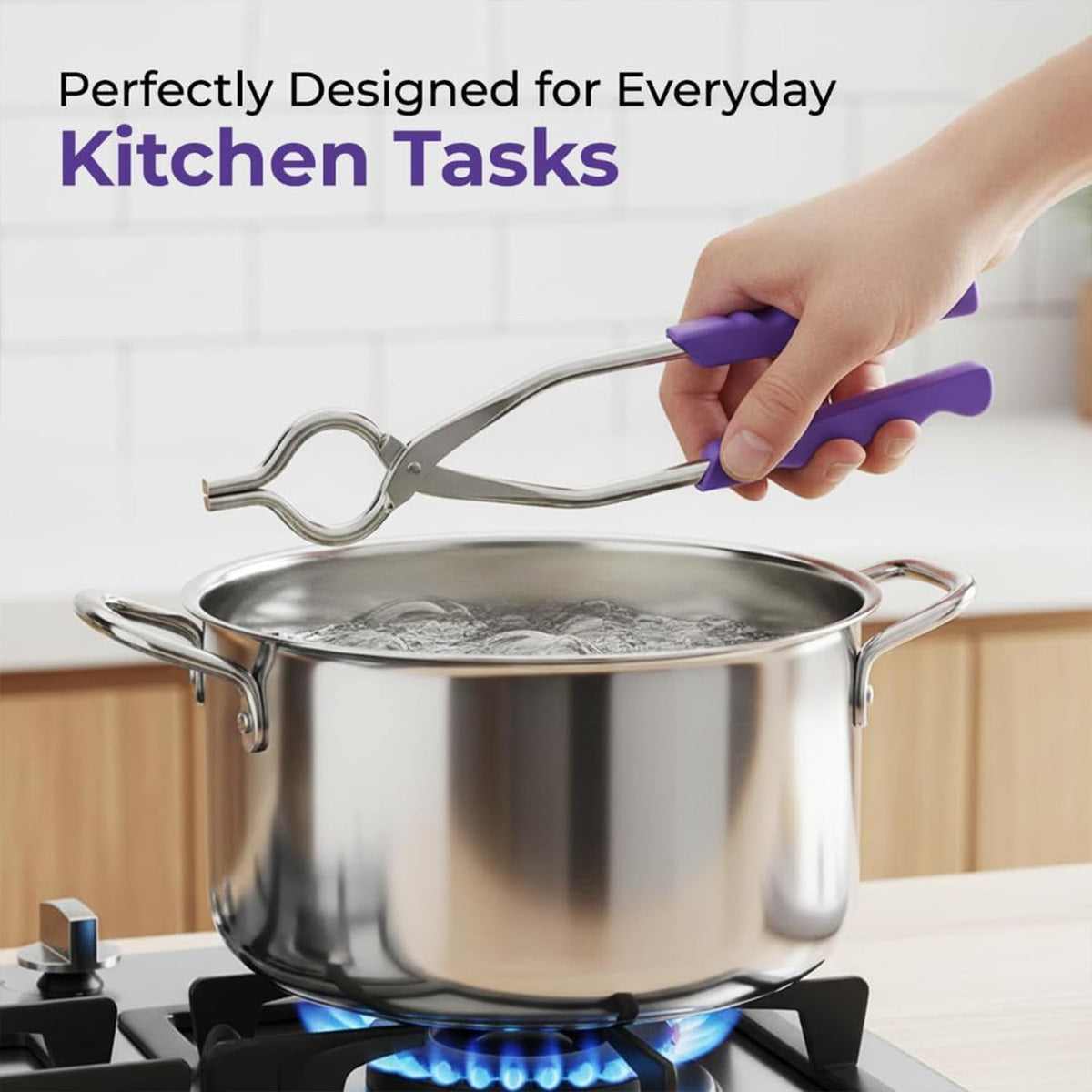 A hand using a stainless steel pot lifter with purple handles to lift a pot from a gas stove with a blue flame.