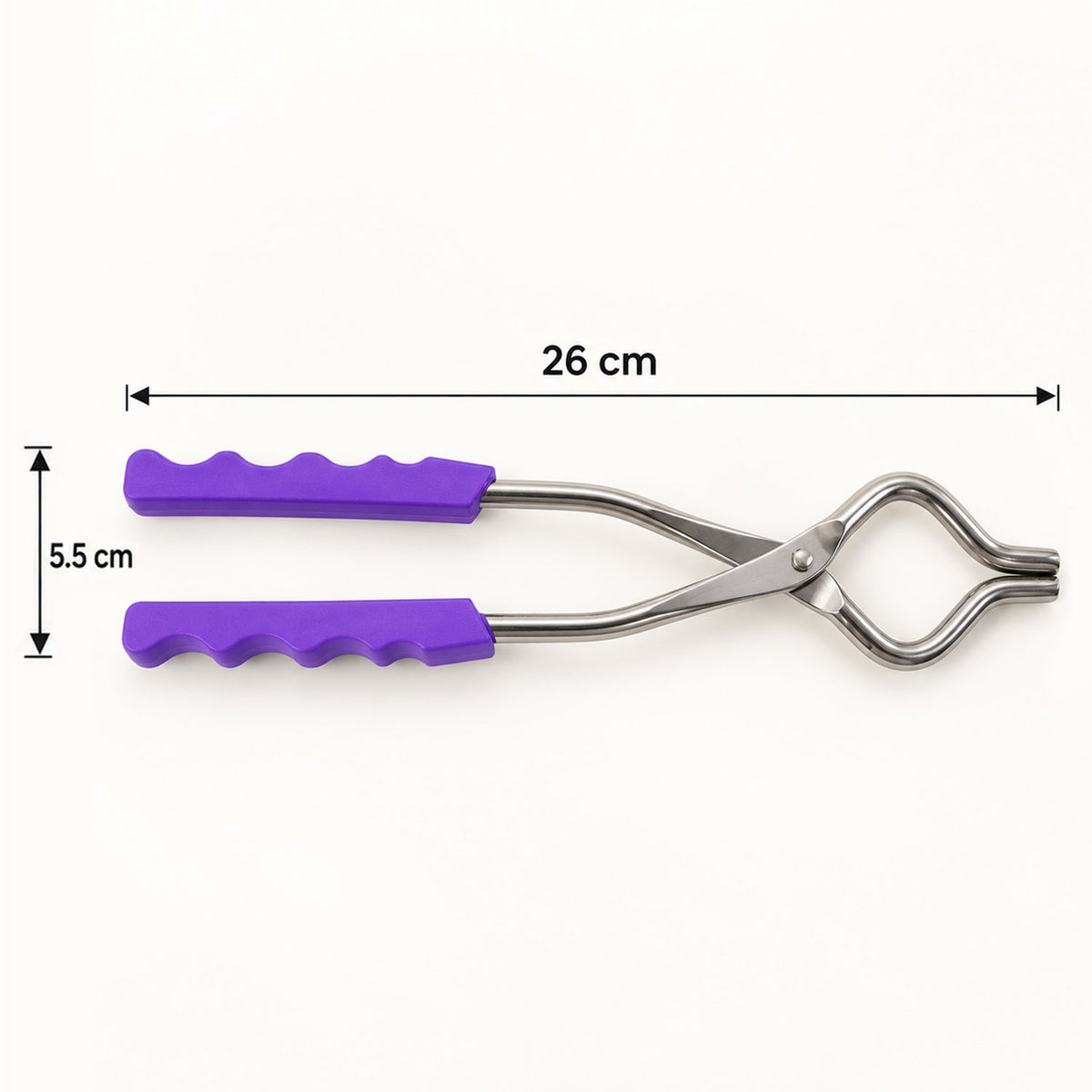 A stainless steel pot lifter with purple handles on a white background, showing dimensions of 26 cm length and 5.5 cm width.