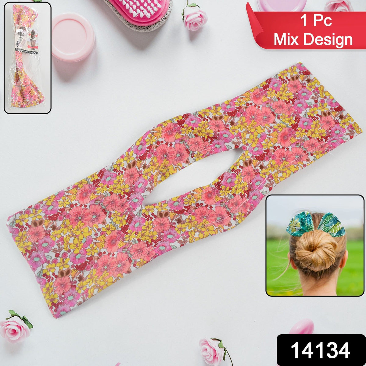 Pink and yellow floral hair bun maker with an inset showing a bun maker in a different pattern.