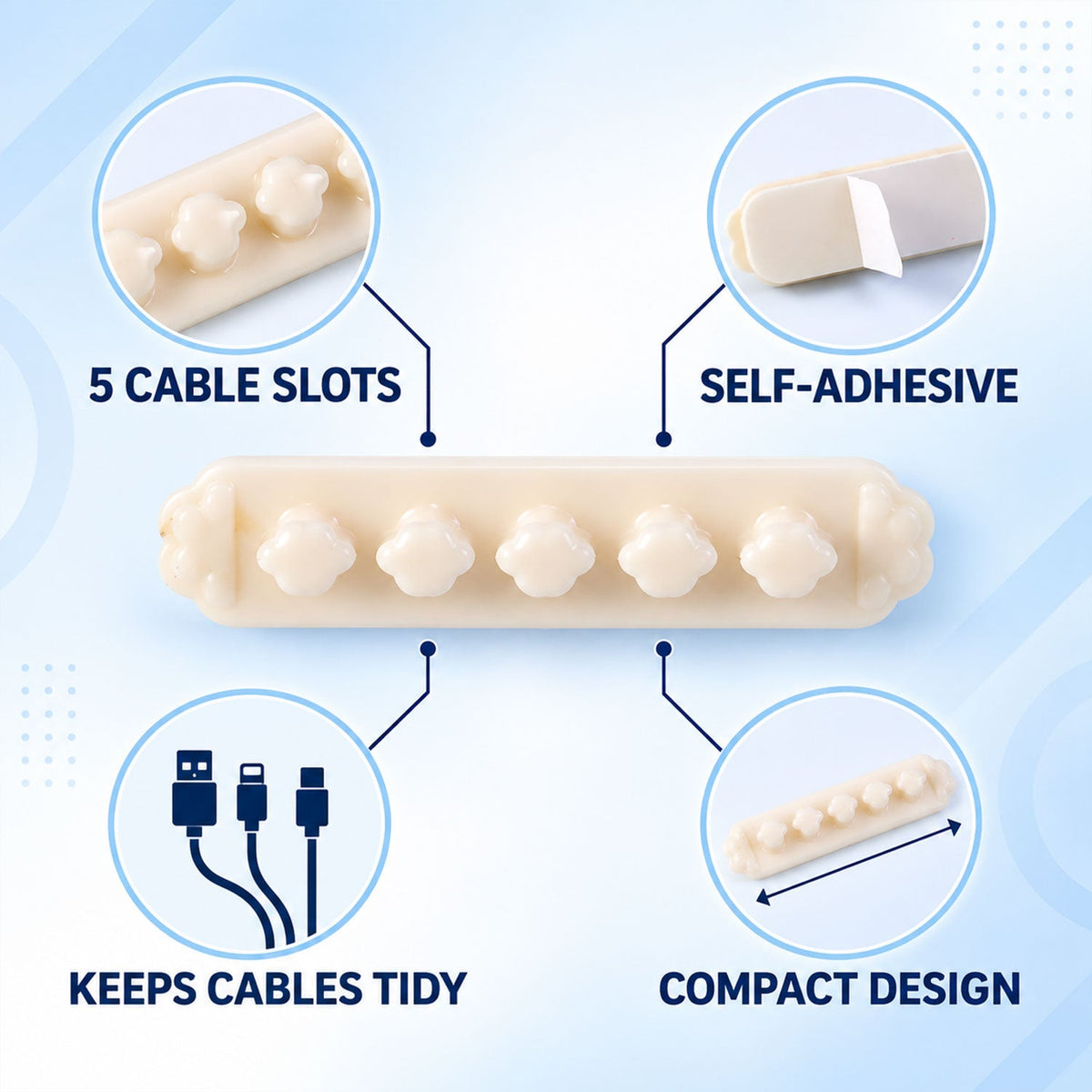 Beige flower-shaped cable organizer clip with callouts for 5 cable slots, self-adhesive, keeps cables tidy, and compact