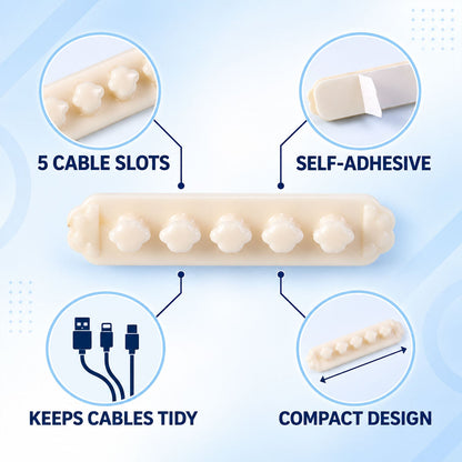 Beige flower-shaped cable organizer clip with callouts for 5 cable slots, self-adhesive, keeps cables tidy, and compact