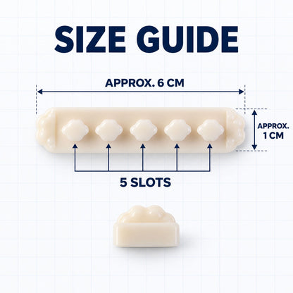 Size guide for the beige flower-shaped cable organizer clip, showing approximate dimensions of 6 cm length and 1 cm width.