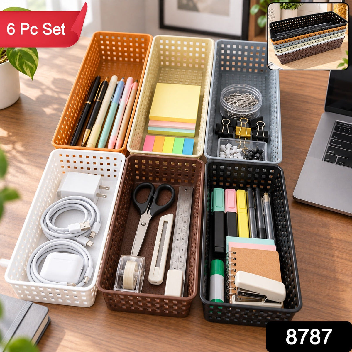 Six rectangular plastic baskets in various colors filled with office supplies, with a red "6 Pc Set" label.