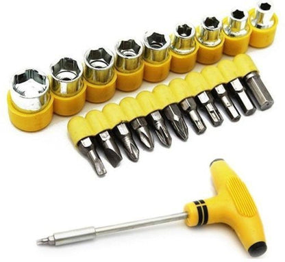 A 21-piece T-shape ratchet socket set with yellow handles and silver bits, on a white background from a slightly different