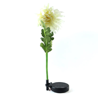 The white chrysanthemum flower solar stake light with its solar panel base, shown against a plain white background.
