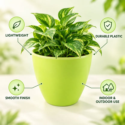 A green plastic pot with a leafy plant, surrounded by four green circles highlighting product features like lightweight and